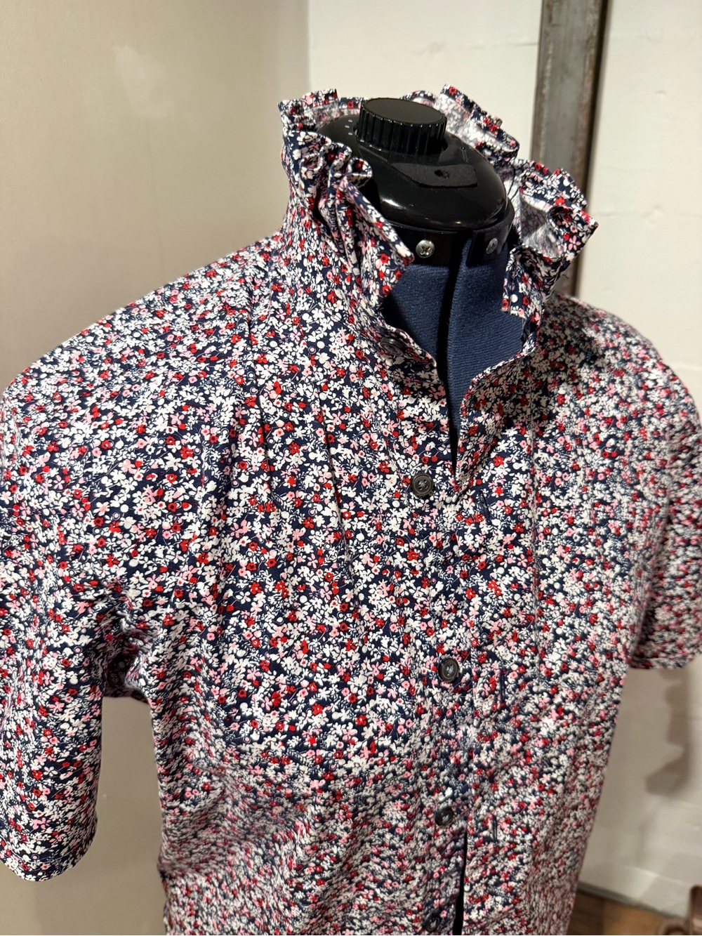 Firecracker Garden  Floral Short-Sleeve Button Shirt Jacket - Navy, White & Red